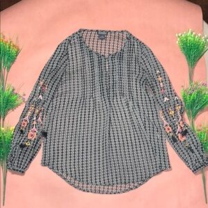 Lucky Brand Black and White Blouse with Pink Floral Embroidery